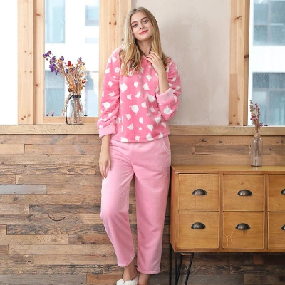 Women′s Winter Polyester Soft Velour Printed Homewear Set 2 Piece Pajamas
