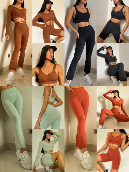 Autumn and Winter Fitness Clothing Female Slim Flared Pants Wrinkled Sports Bra Yoga Jacket Sports Shorts Four-Piece Set
